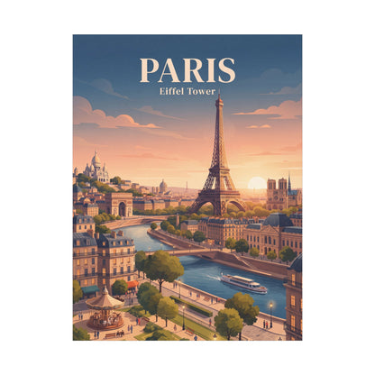 Matte canvas wall art showing PARIS and Eiffel Tower with a golden-orange sunset sky