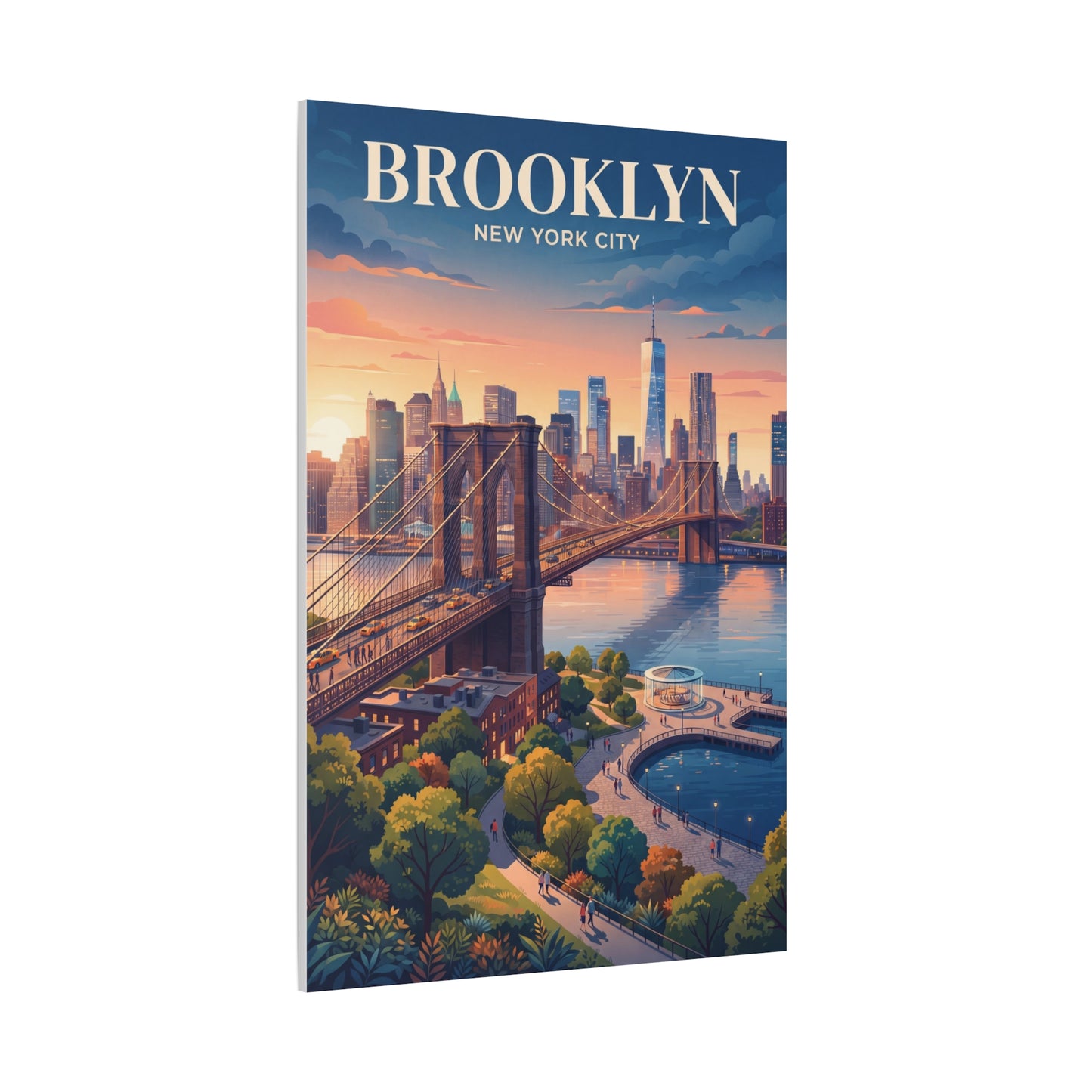 Canvas wall art angled view of Brooklyn skyline and bridge, sunset colors, BROOKLYN title