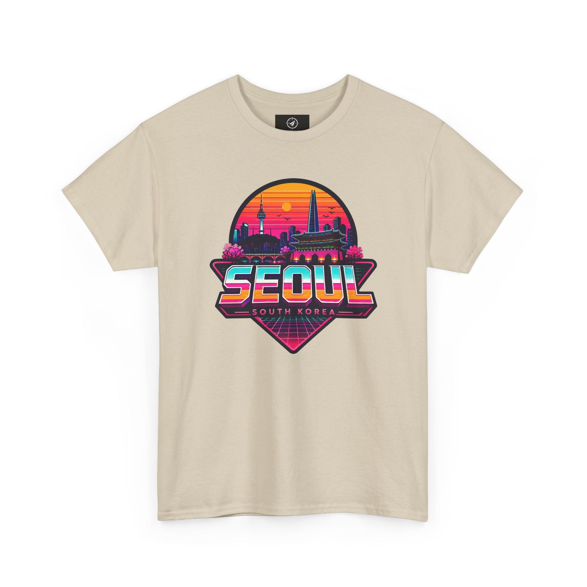 Beige Seoul retro city T-shirt with colorful sunset skyline logo on front