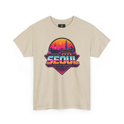 Beige Seoul retro city T-shirt with colorful sunset skyline logo on front