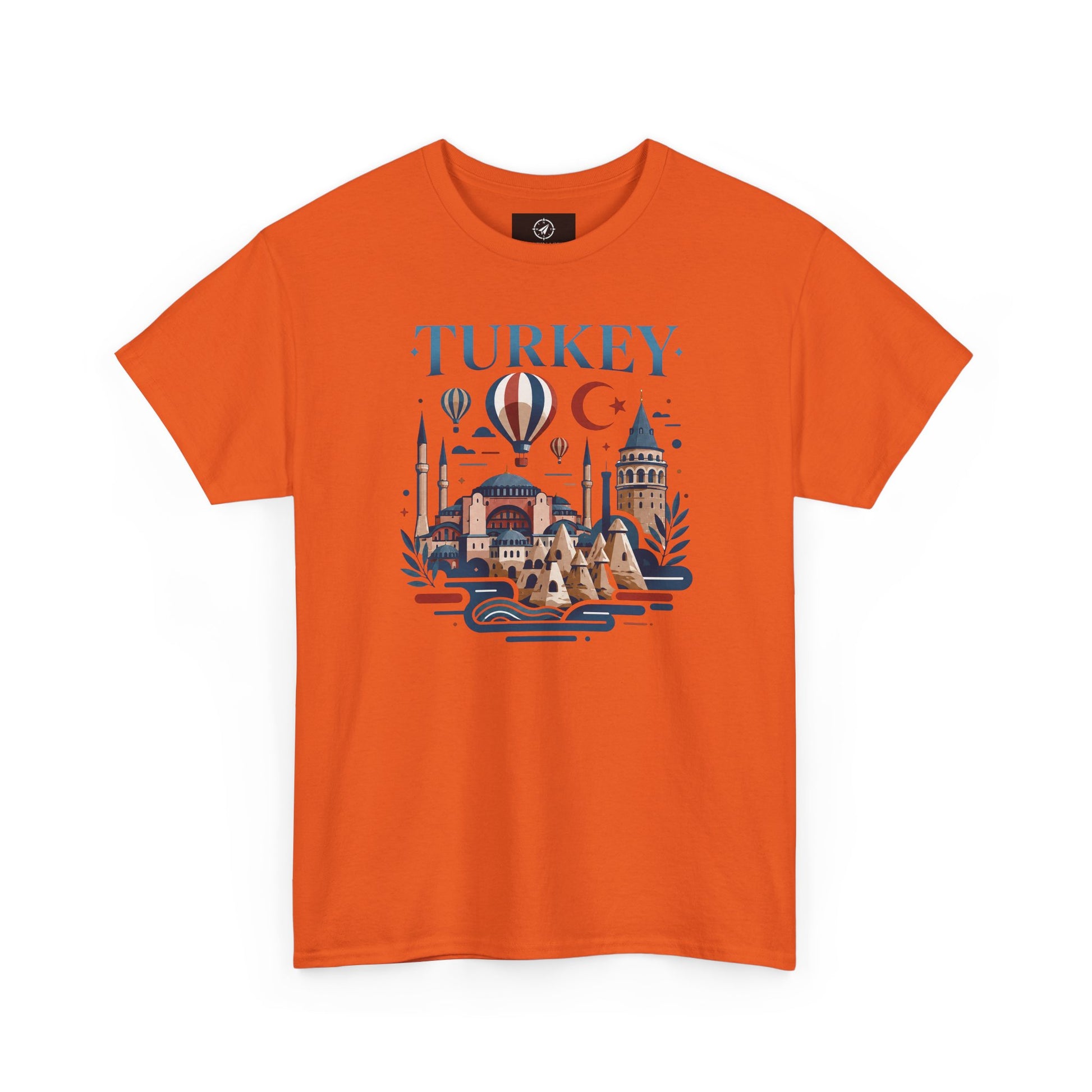 Orange crew-neck T-shirt with Turkey skyline and hot air balloon graphic