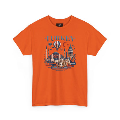 Orange crew-neck T-shirt with Turkey skyline and hot air balloon graphic