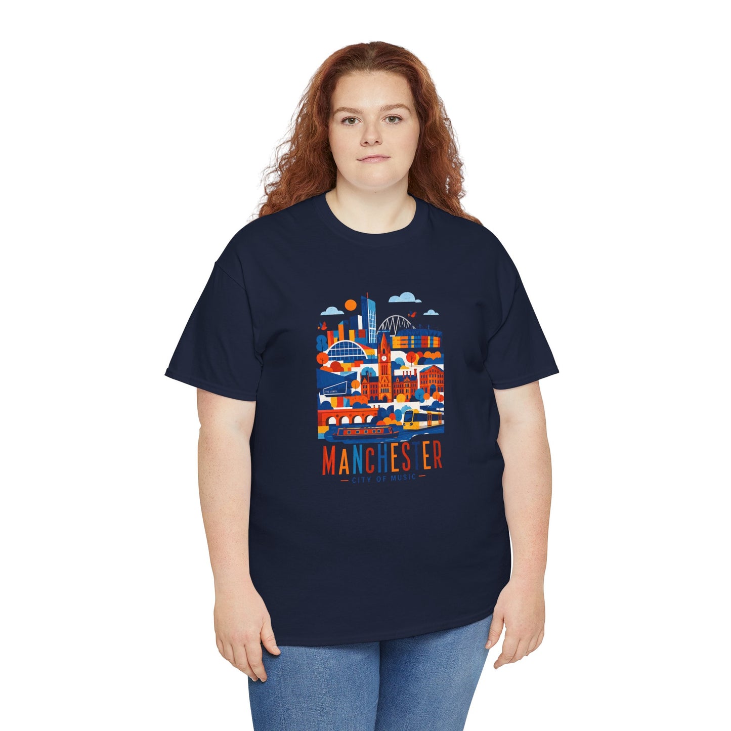 Navy crewneck t-shirt with colorful Manchester skyline graphic and orange text