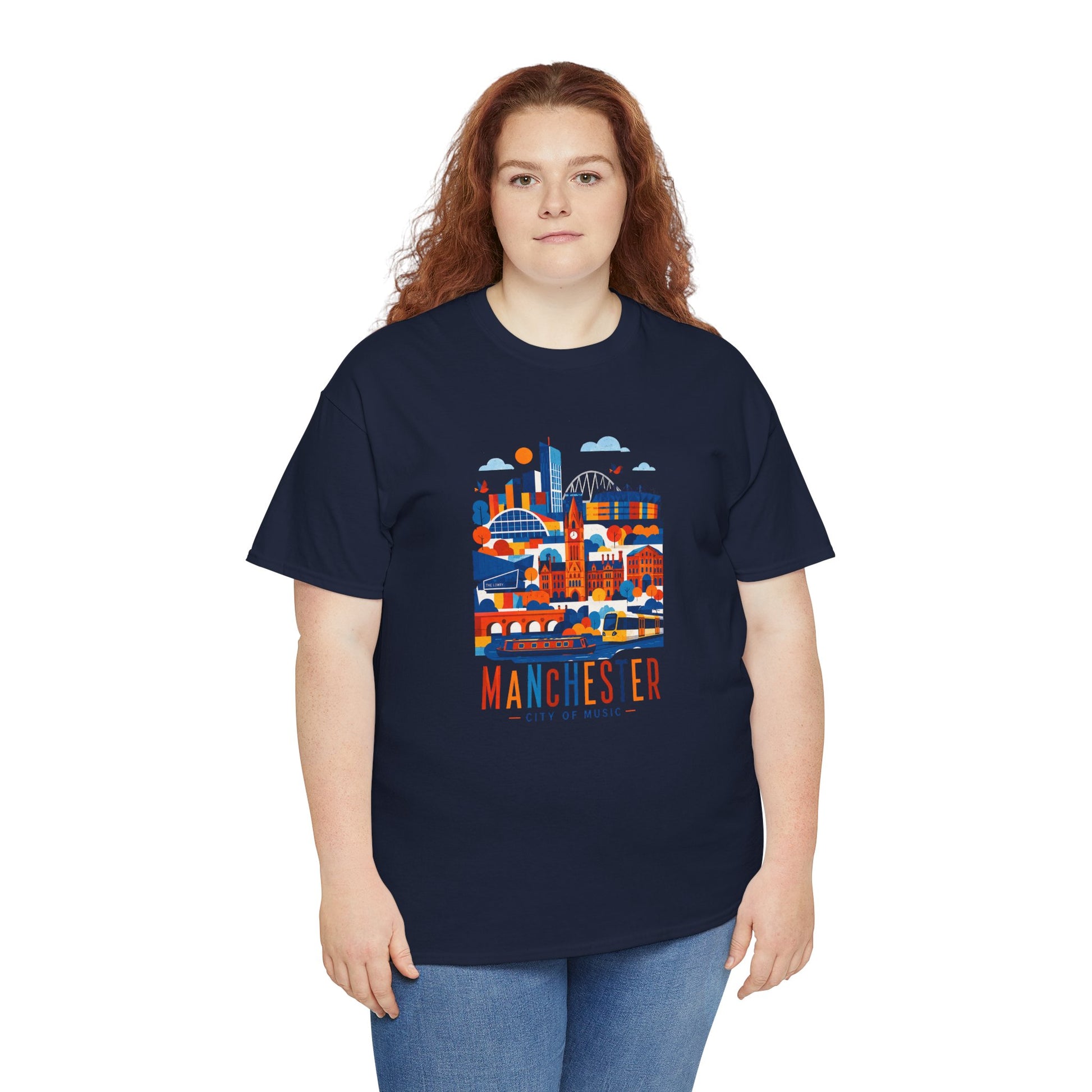 Navy crewneck t-shirt with colorful Manchester skyline graphic and orange text