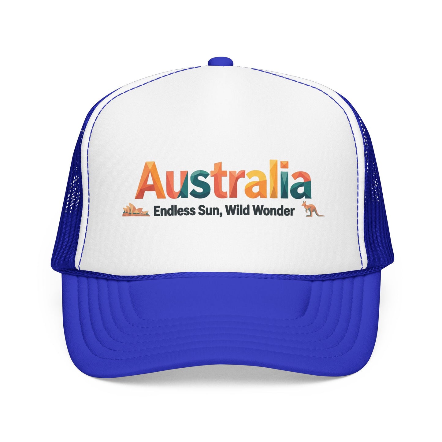 Blue and white mesh trucker cap with embroidered “Australia” graphic and curved brim.