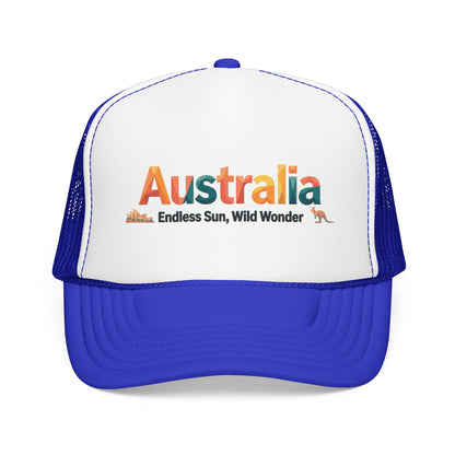 Blue and white mesh trucker cap with embroidered “Australia” graphic and curved brim.
