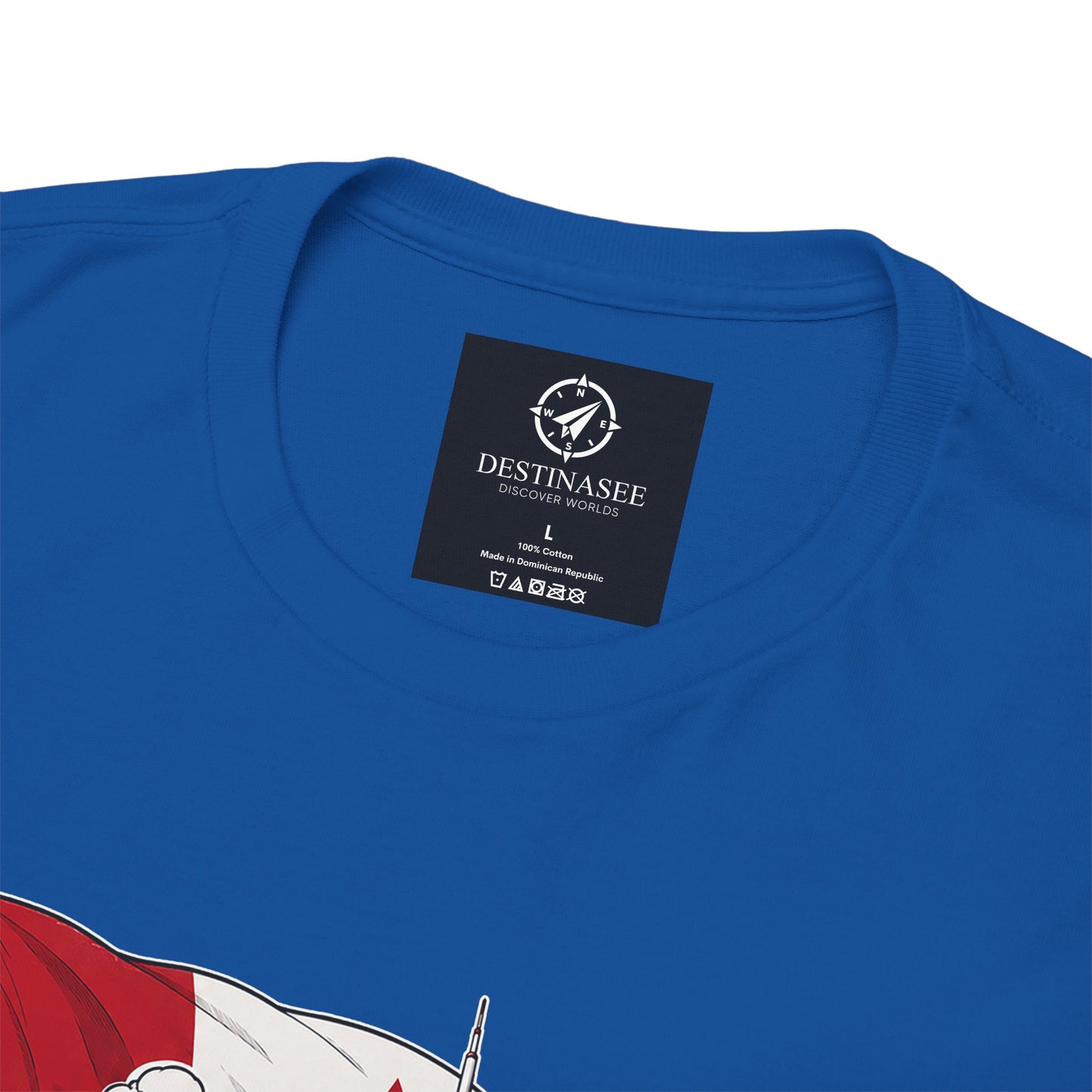 Blue crewneck T-shirt with small back neck label and partial sail graphic