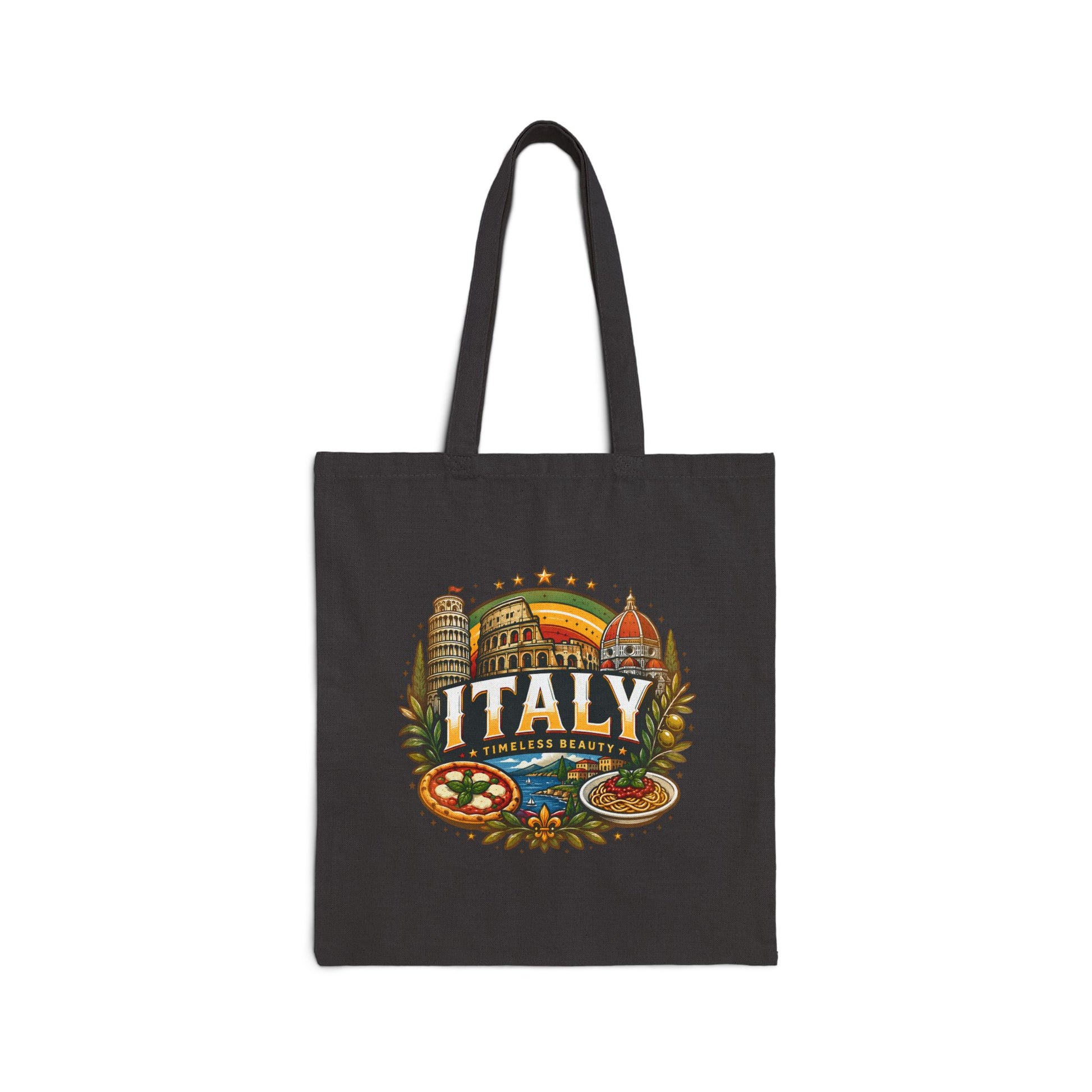 Black travel tote bag with “Italy” colorful vintage landmark graphic on front