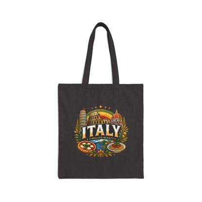 Black travel tote bag with “Italy” colorful vintage landmark graphic on front