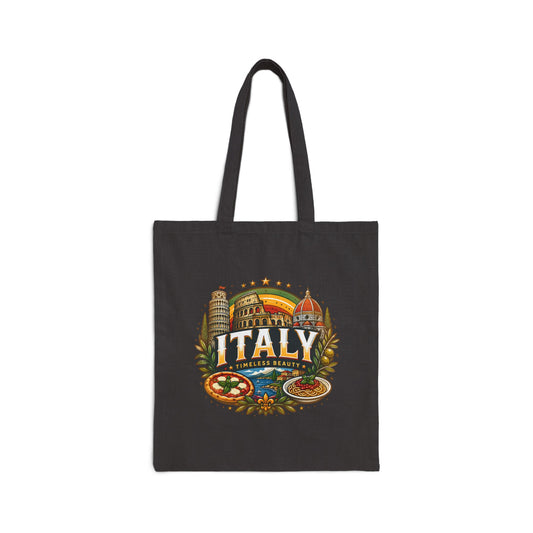 Black travel tote bag with “Italy” colorful vintage landmark graphic on front
