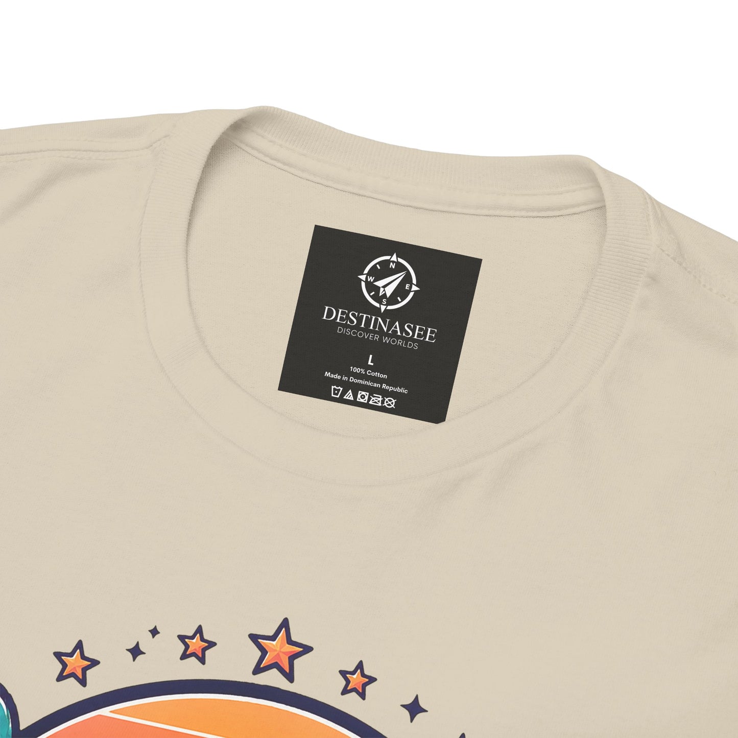 Natural beige t-shirt back neckline with black brand label and partial star print