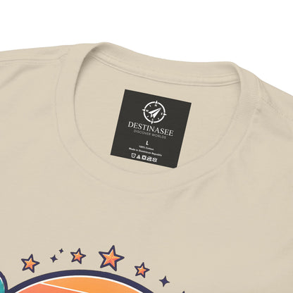 Natural beige t-shirt back neckline with black brand label and partial star print