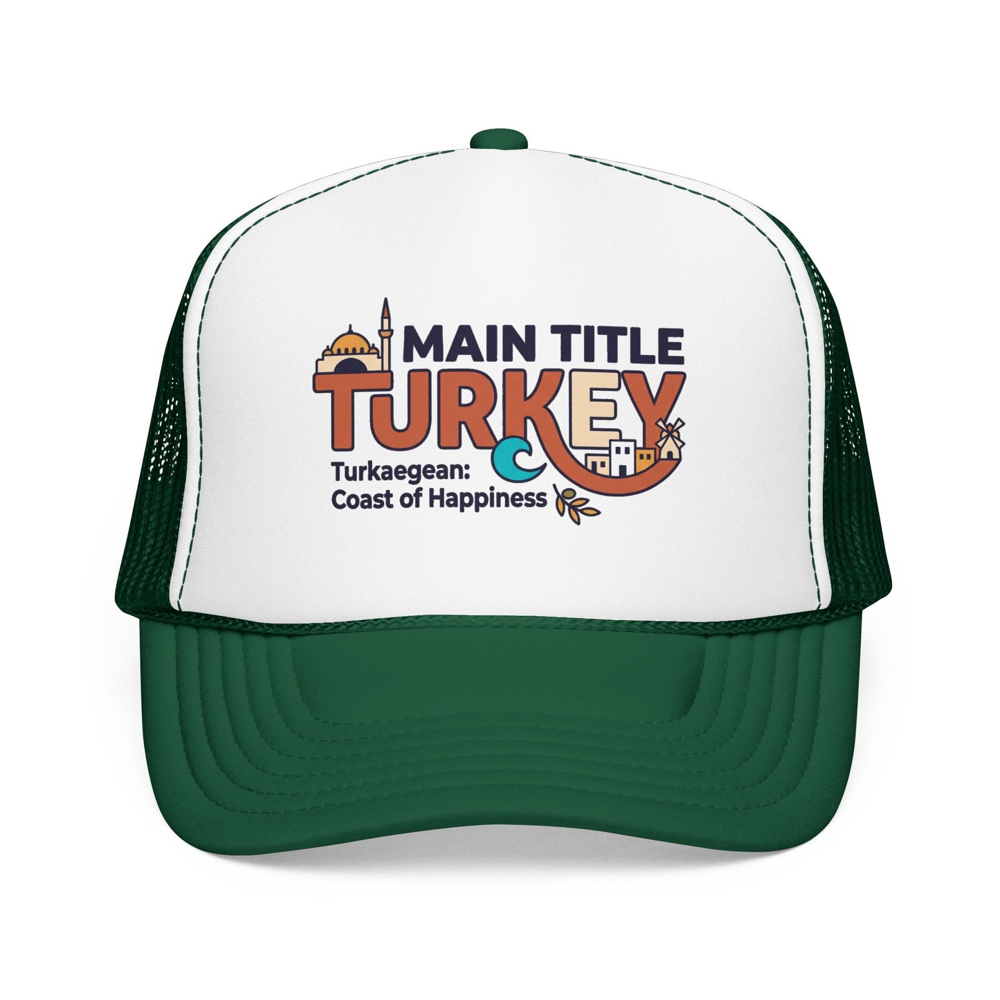 White foam trucker hat with dark green brim and black mesh sides, front Turkey logo.