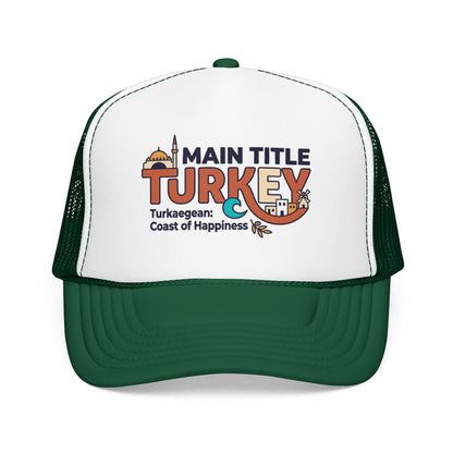 White foam trucker hat with dark green brim and black mesh sides, front Turkey logo.