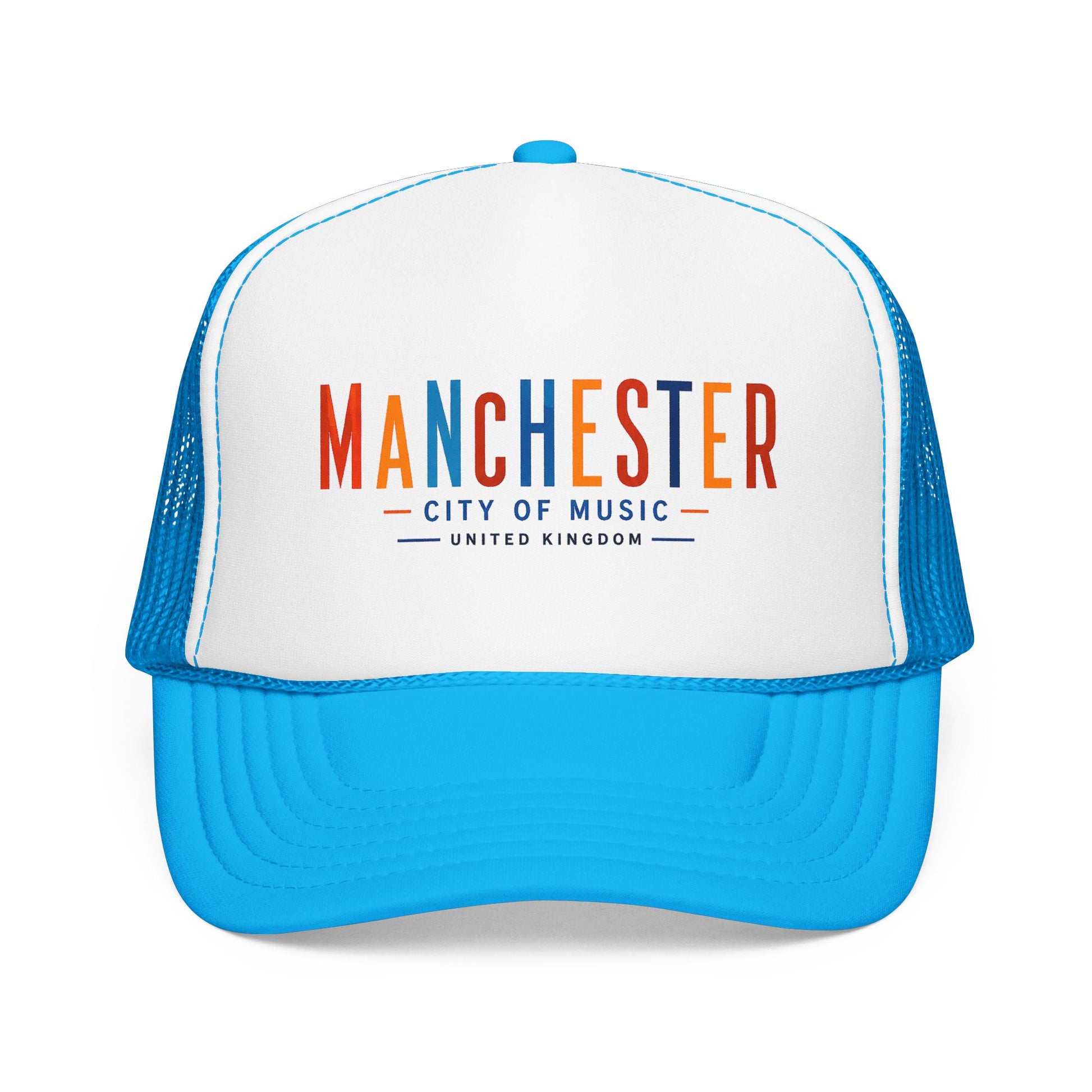 Trucker hat with white front panel, blue mesh sides, and bright blue brim; Manchester City of Music logo.