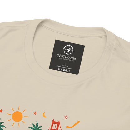 Natural T-shirt neck close-up with small label and colorful graphic detail