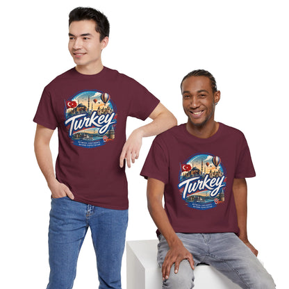 Maroon Turkey-themed travel T-shirt with large front circular graphic, crew neck, short sleeves