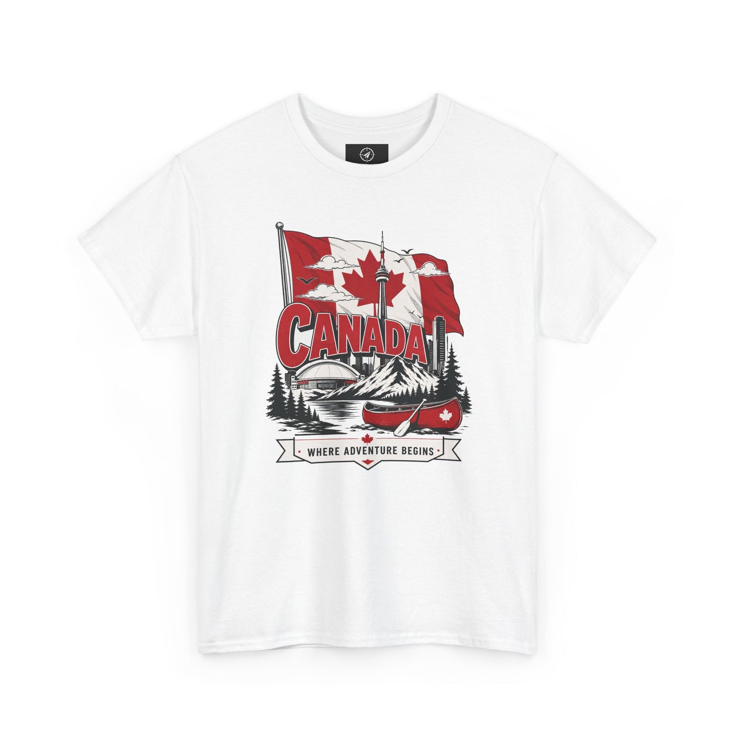 White Canada graphic T-shirt with canoe-and-maple leaf illustration at center