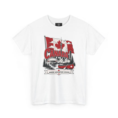 White Canada graphic T-shirt with canoe-and-maple leaf illustration at center