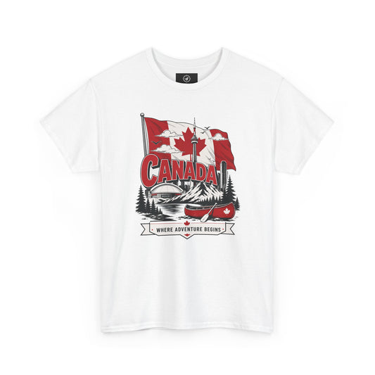 White Canada graphic T-shirt with canoe-and-maple leaf illustration at center