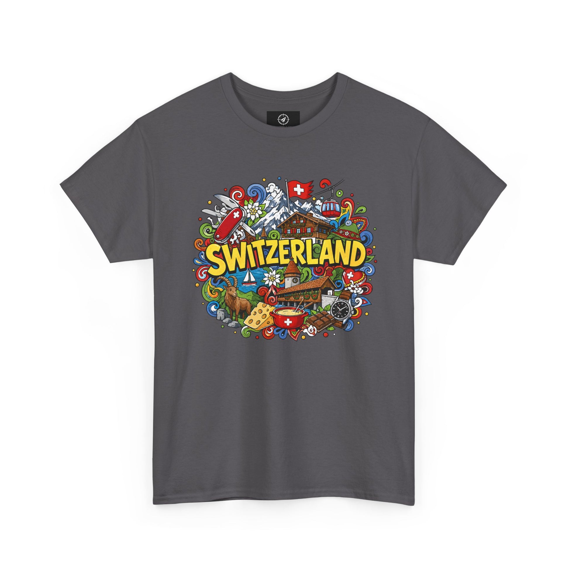 Men's travel T-shirt in charcoal gray with colorful Swiss-themed "SWITZERLAND" graphic