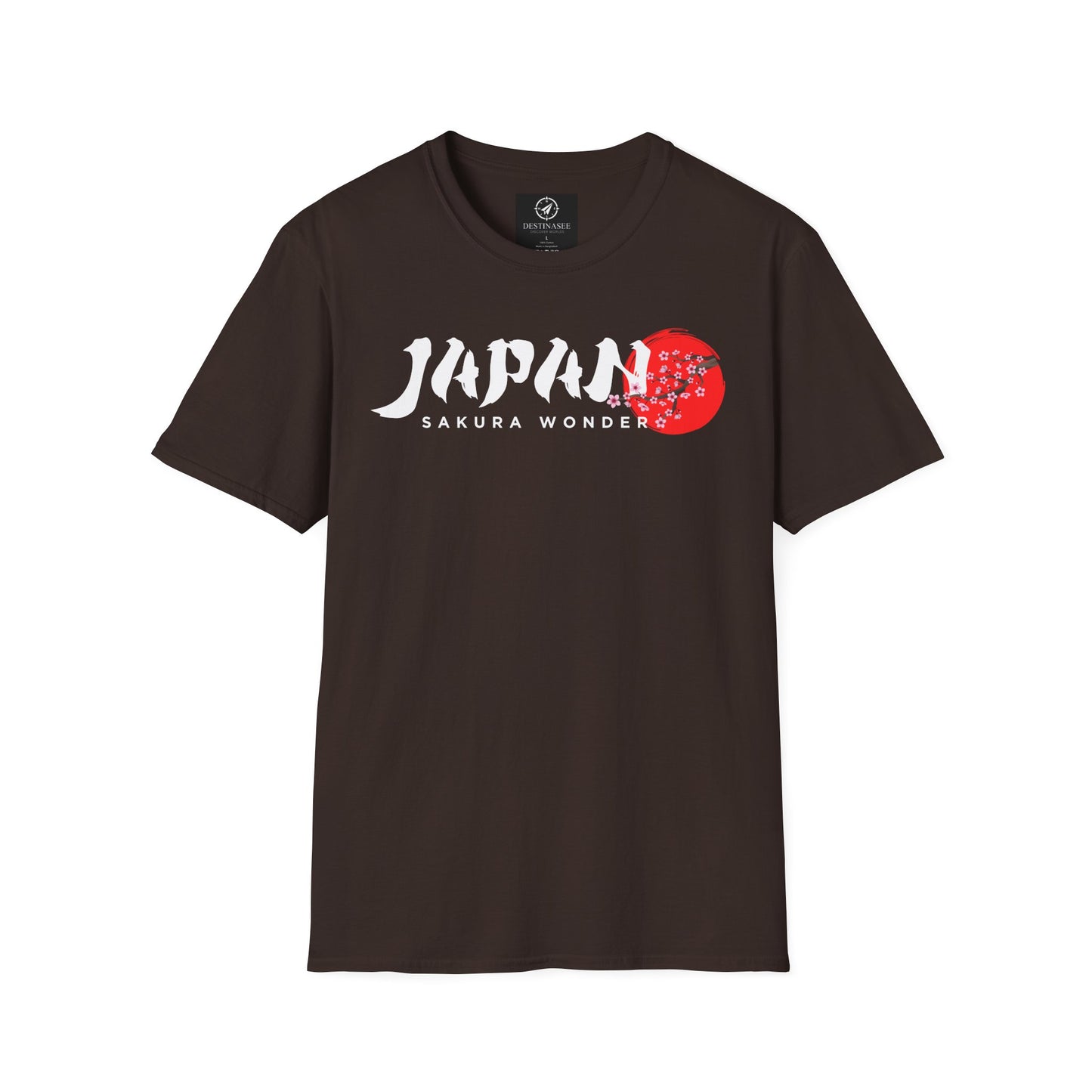Brown T-shirt with white “Japan” text and red cherry blossom graphic on chest