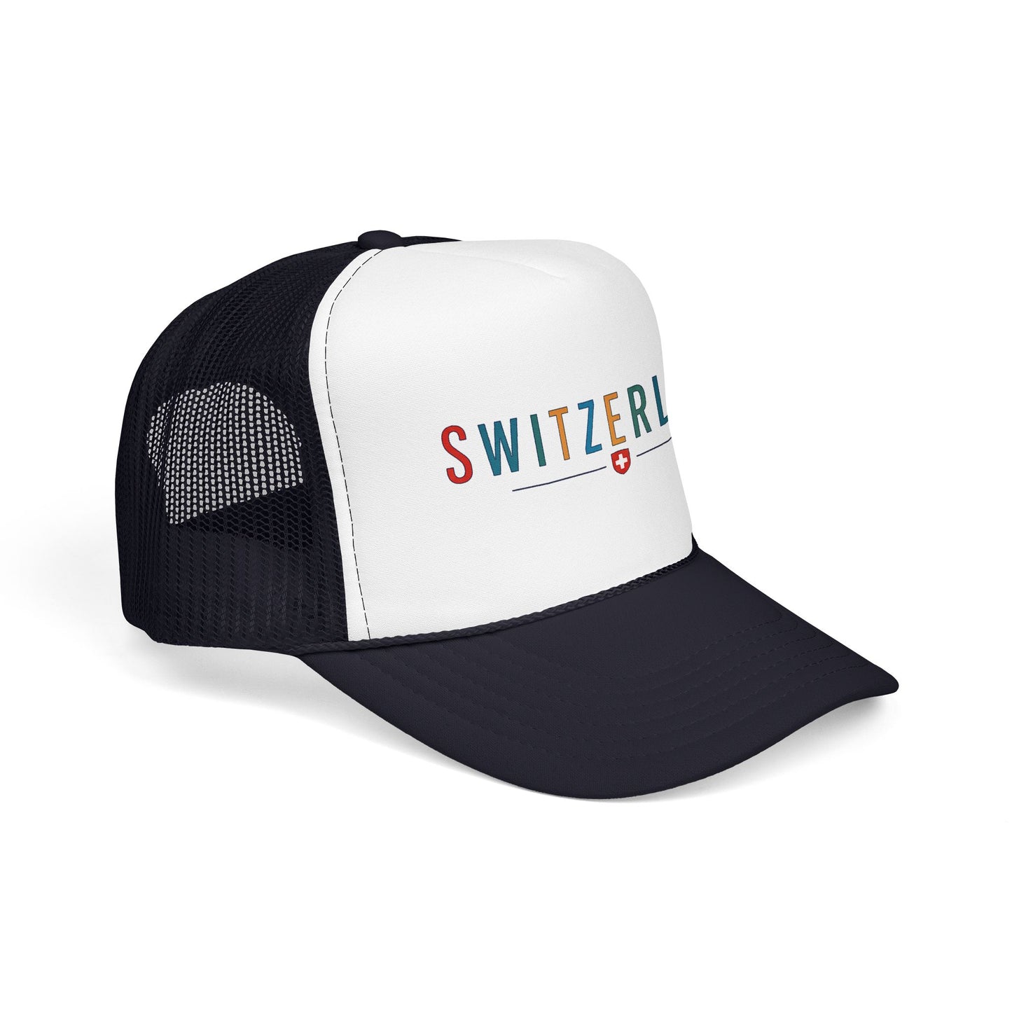 Black and white foam trucker cap with mesh sides, 'SWITZERLAN' front print