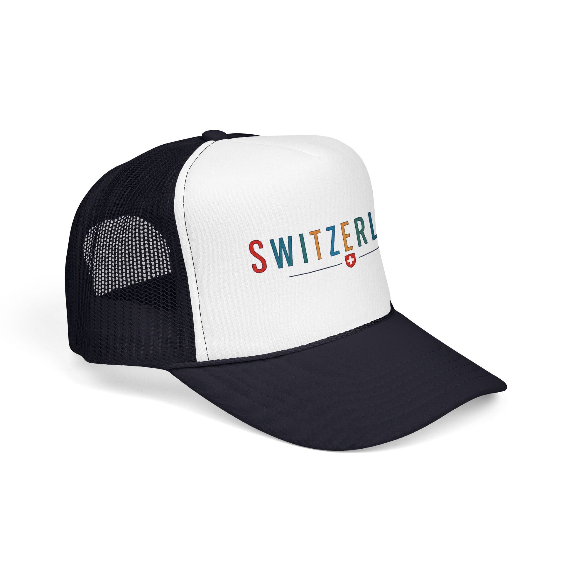 Black and white foam trucker cap with mesh sides, 'SWITZERLAN' front print