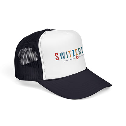 Black and white foam trucker cap with mesh sides, 'SWITZERLAN' front print