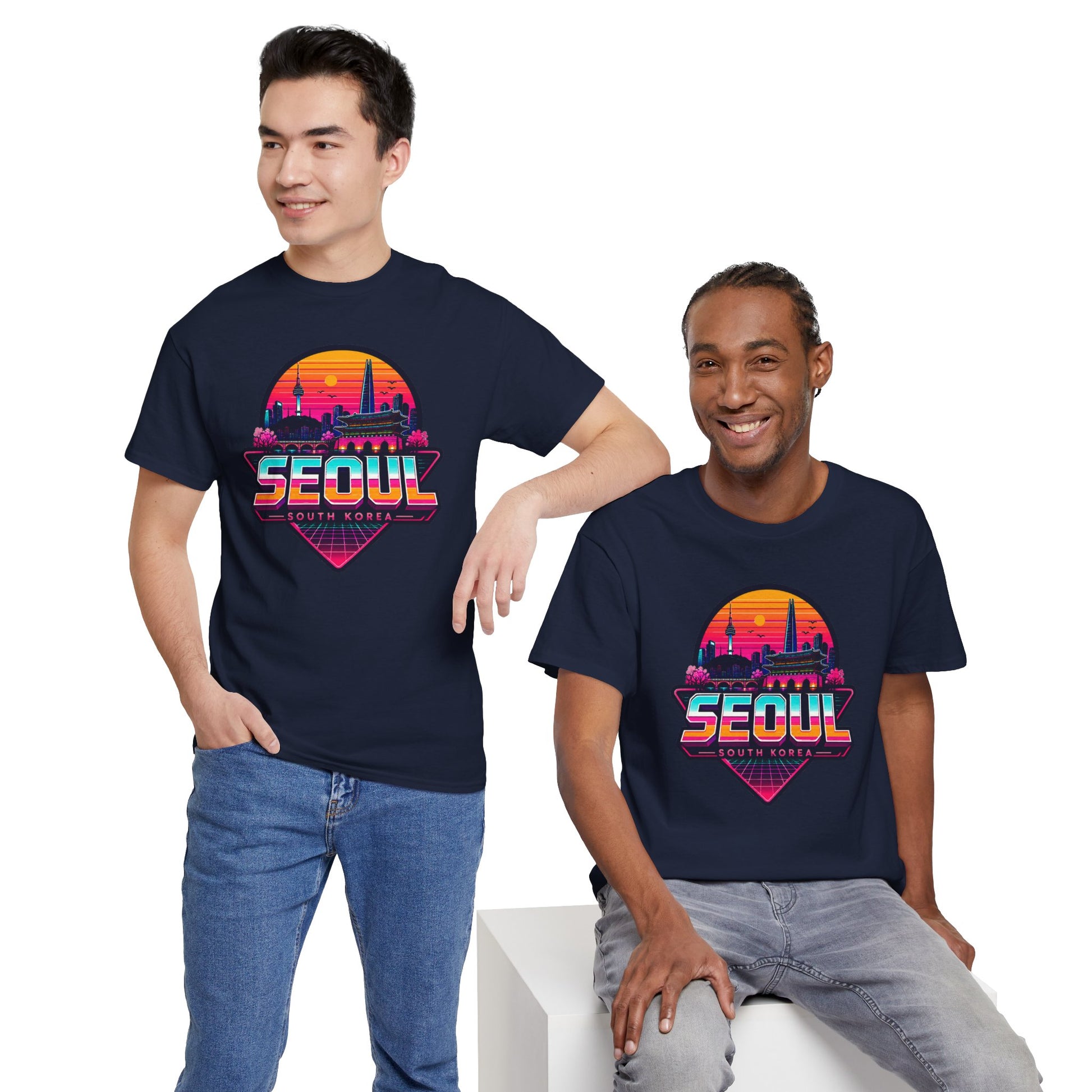 Navy t-shirt with Seoul city skyline neon heart graphic on the chest, worn by men