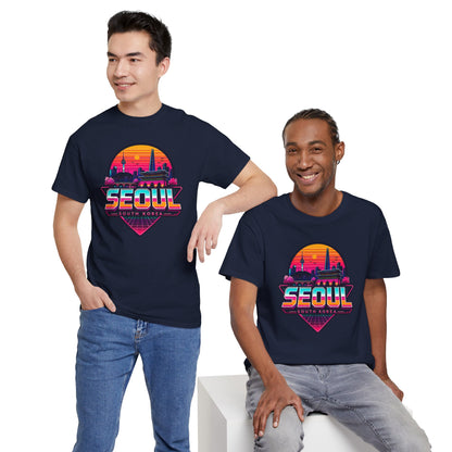 Navy t-shirt with Seoul city skyline neon heart graphic on the chest, worn by men