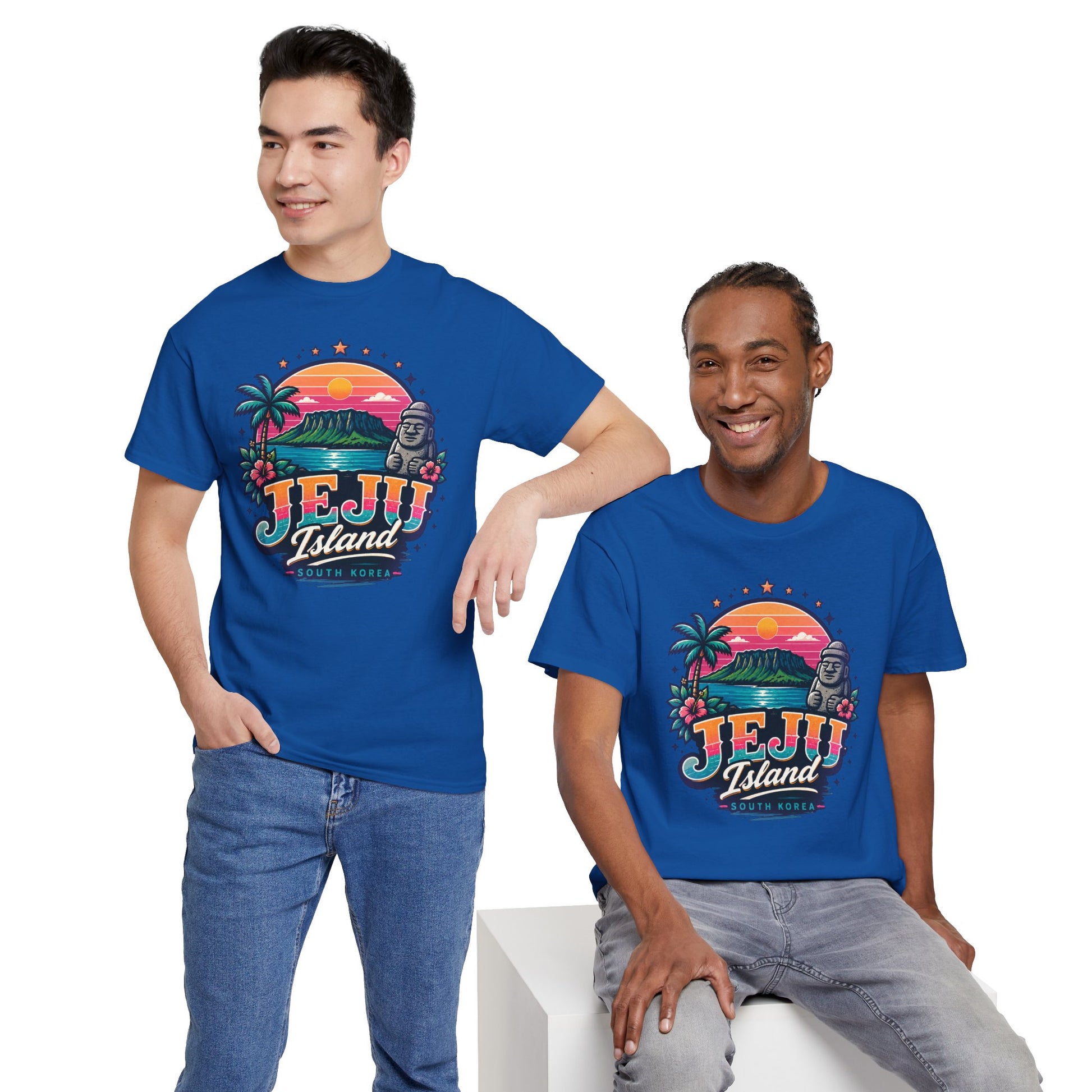 Royal blue Jeju Island graphic T-shirt on two models with palm tree sunset front print