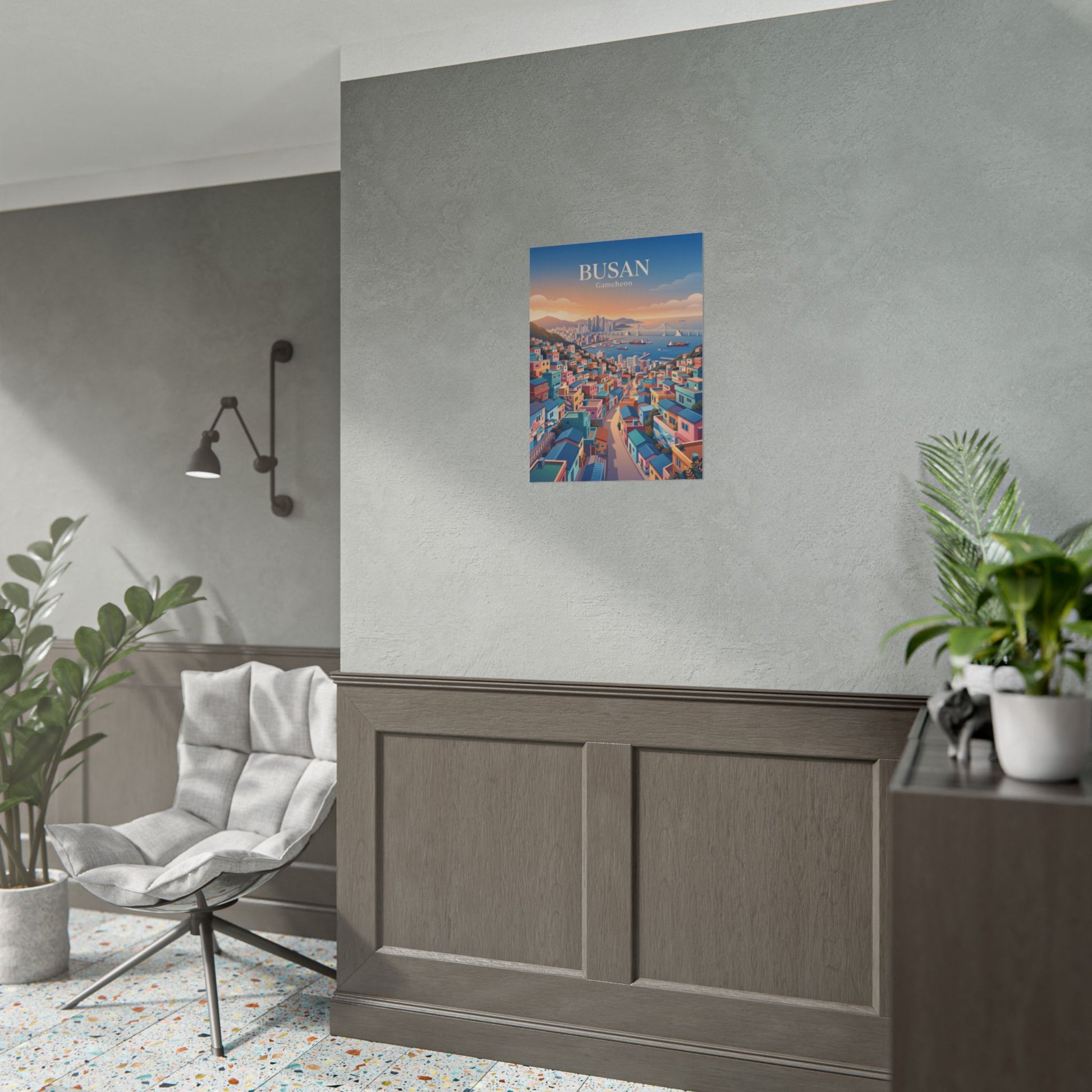 Rolled travel poster with Busan Gamecheon skyline illustration, mounted on wall