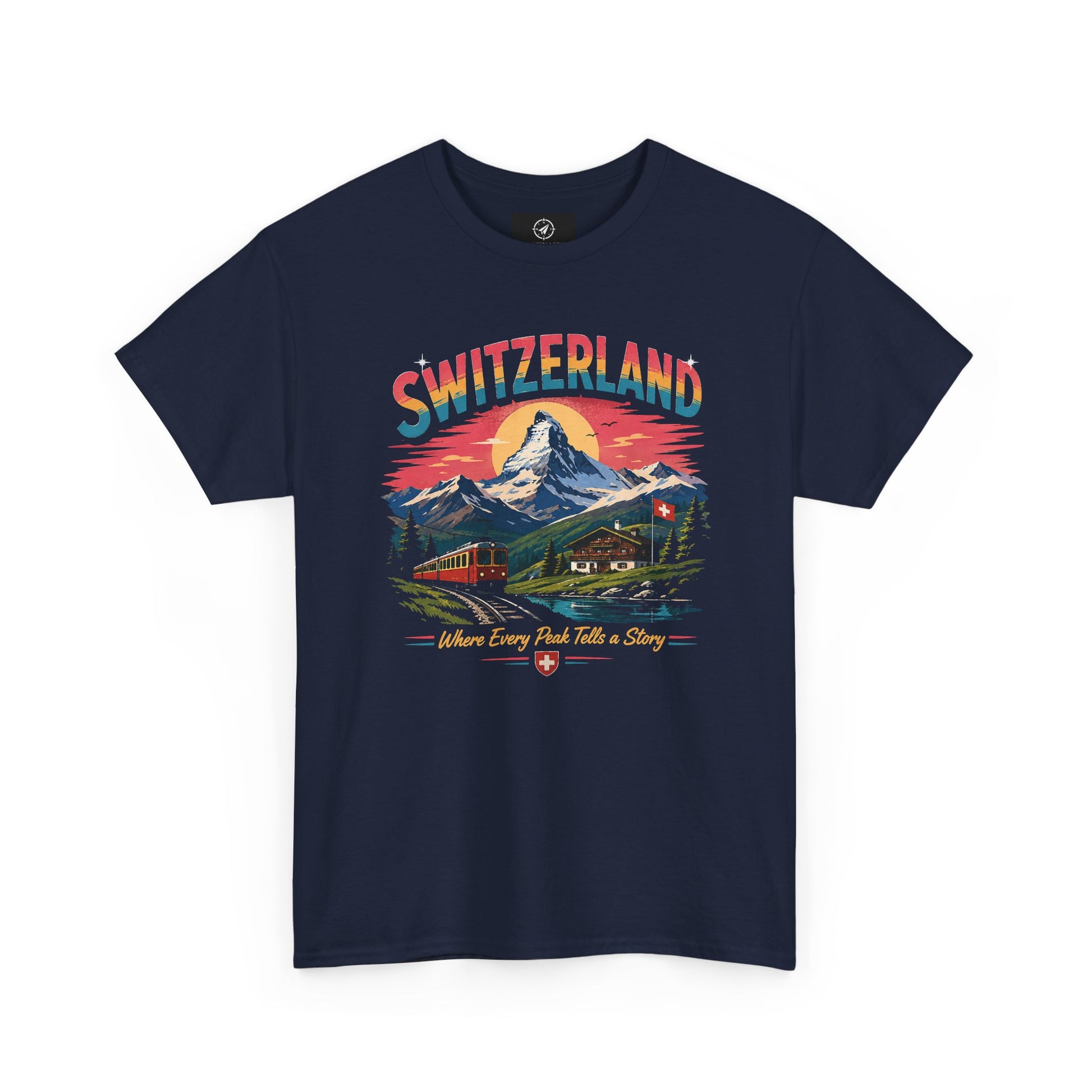 Navy Switzerland mountain graphic vintage t-shirt with colorful front print