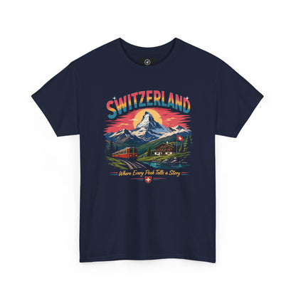 Navy Switzerland mountain graphic vintage t-shirt with colorful front print