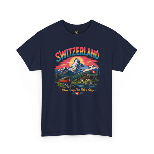 Navy Switzerland mountain graphic vintage t-shirt with colorful front print