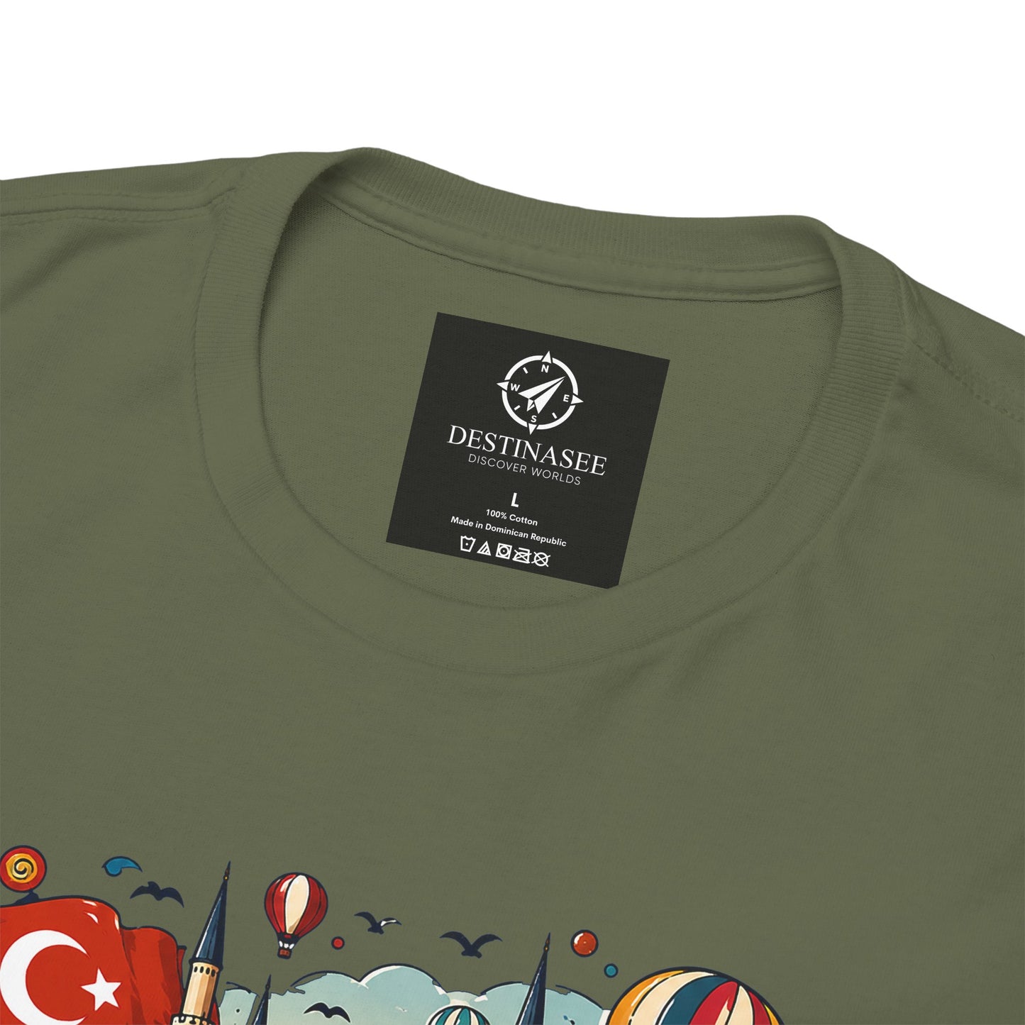Olive green t-shirt back with rectangular logo patch near collar