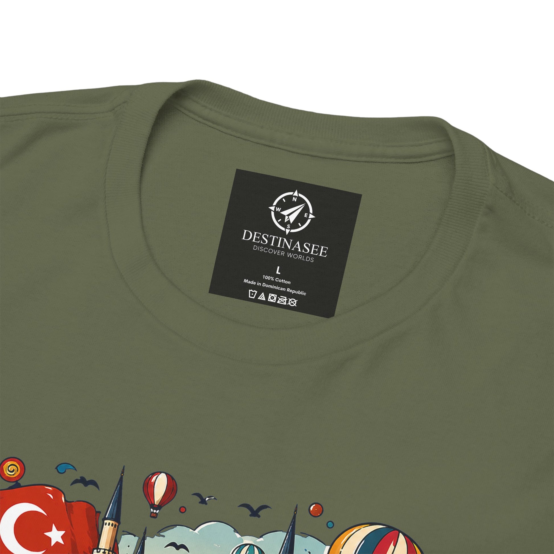 Olive green t-shirt back with rectangular logo patch near collar