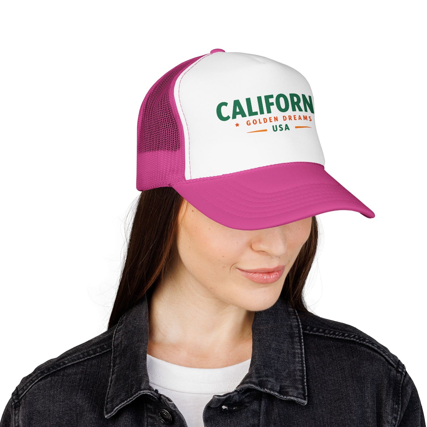 Pink-and-white trucker hat with green “CALIFORNIA GOLD DREAMS USA” logo on front
