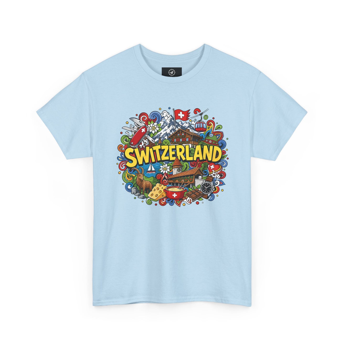 Men's travel T-shirt in light blue with colorful Swiss-themed "SWITZERLAND" graphic