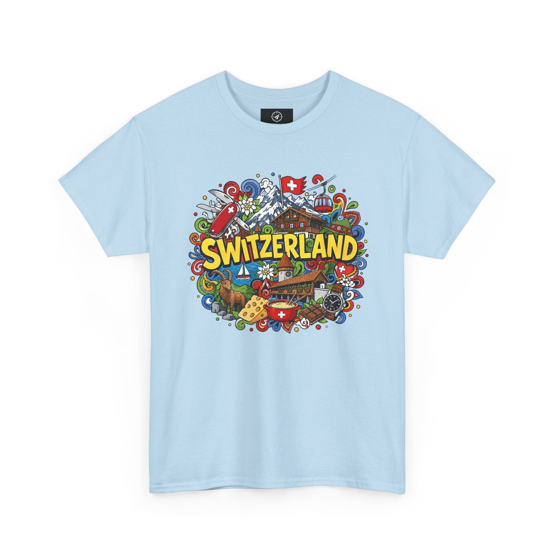 Men's travel T-shirt in light blue with colorful Swiss-themed "SWITZERLAND" graphic