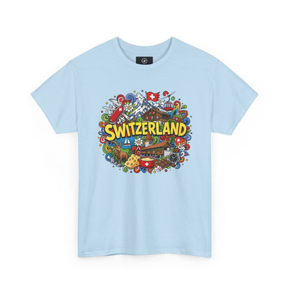 Men's travel T-shirt in light blue with colorful Swiss-themed "SWITZERLAND" graphic