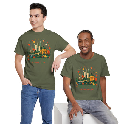 Forest green T-shirt with Melbourne skyline and colorful autumn graphic on front
