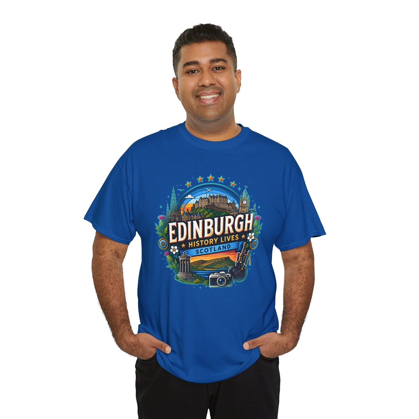Royal blue crew-neck T-shirt with "Edinburgh" illustrated front design