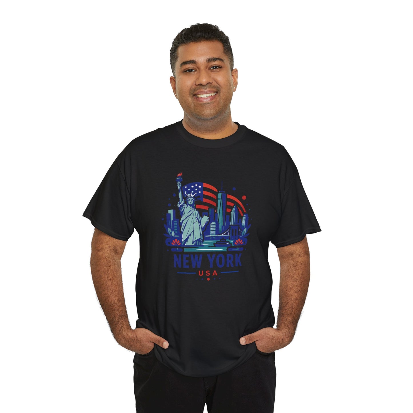 Black T-shirt with Statue of Liberty “NEW YORK USA” graphic centered on chest