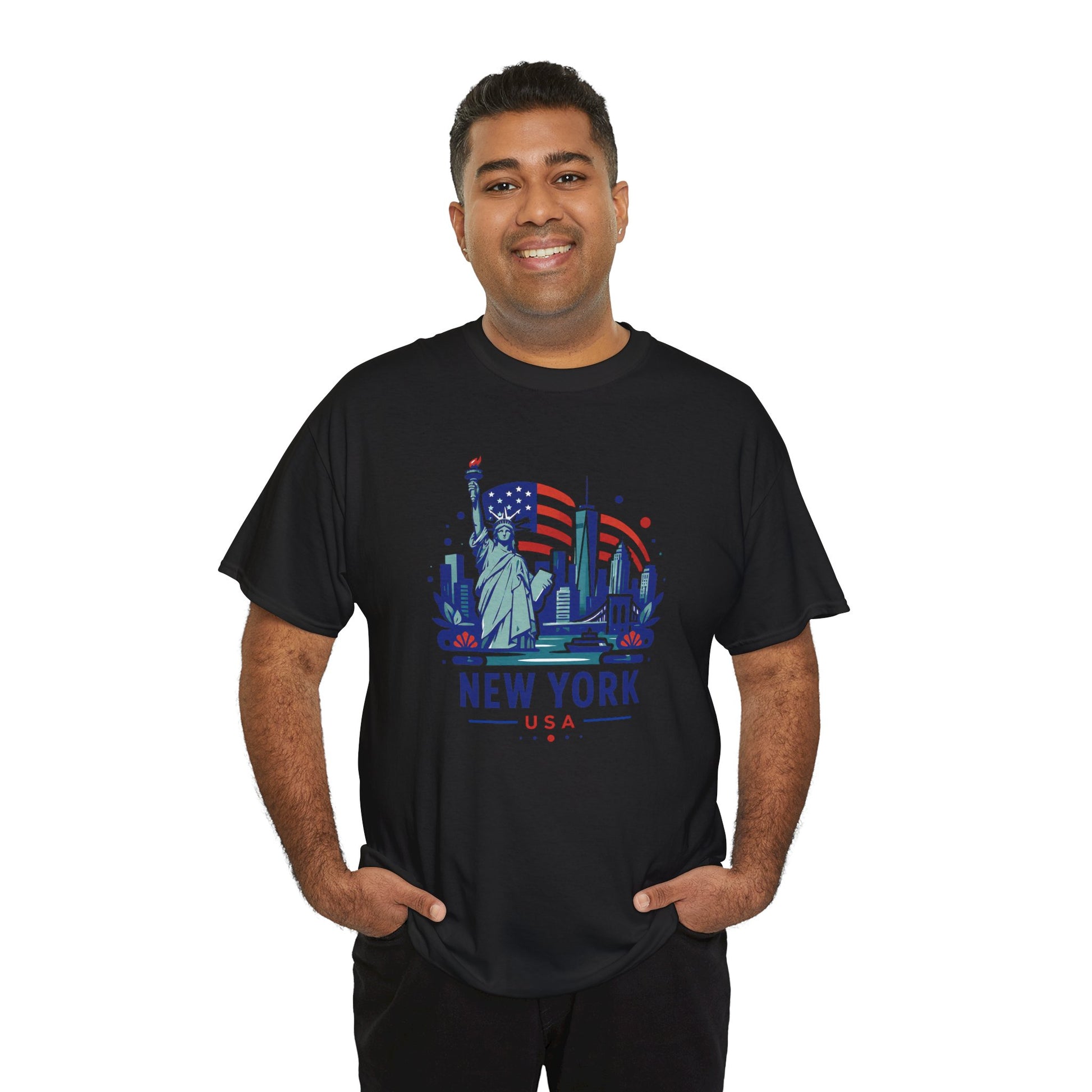 Black T-shirt with Statue of Liberty “NEW YORK USA” graphic centered on chest