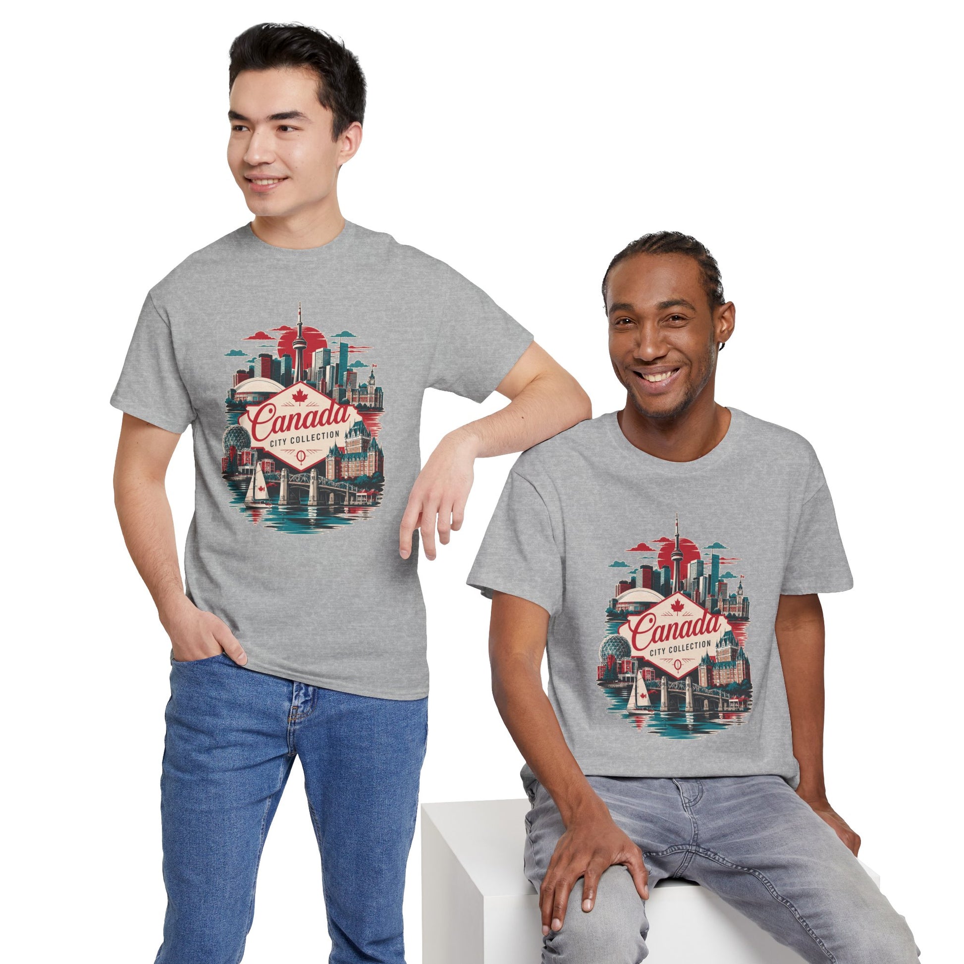 Charcoal crewneck T-shirt with retro Toronto skyline and Canada graphic on the front
