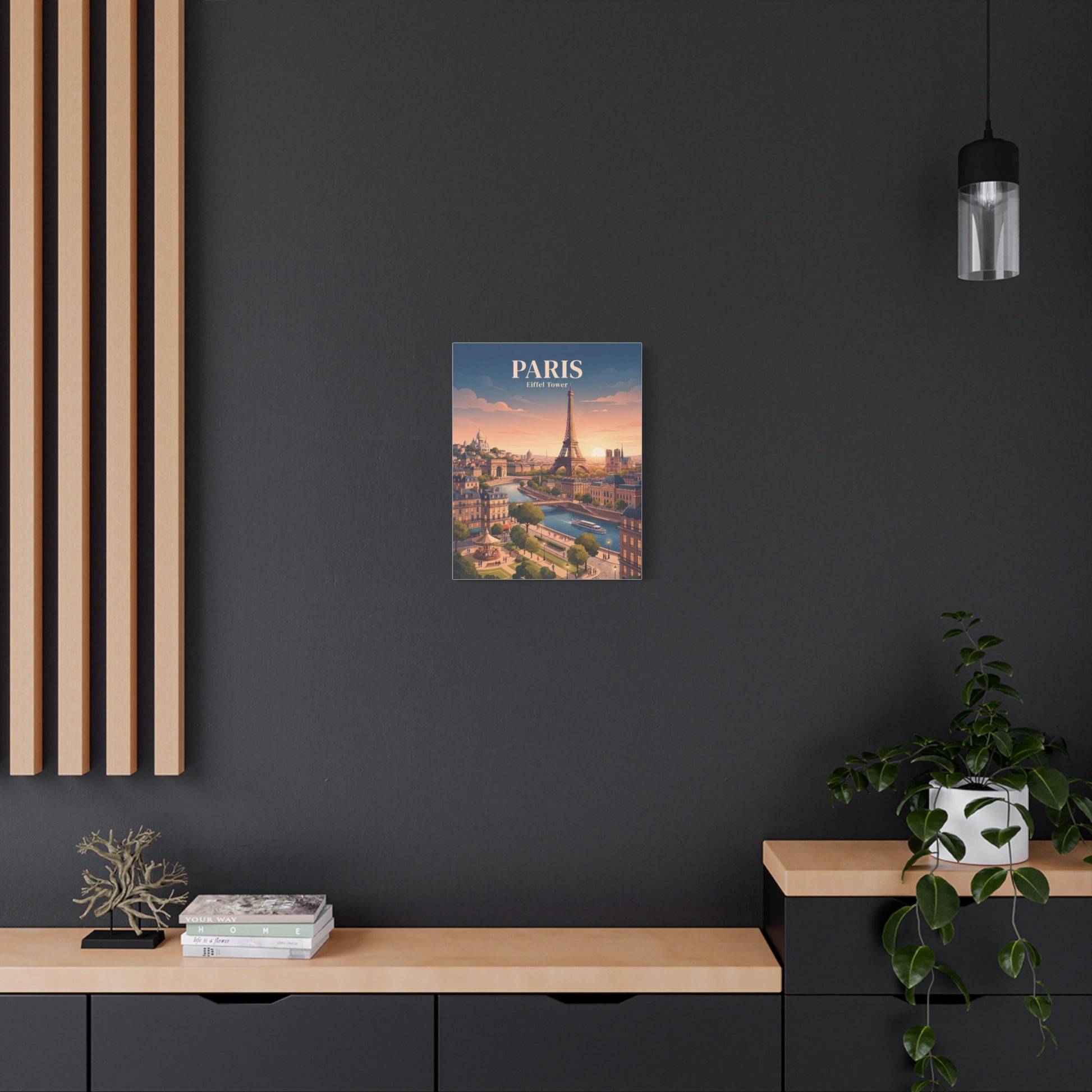 Matte canvas wall art of a small PARIS Eiffel Tower scene mounted on a dark wall