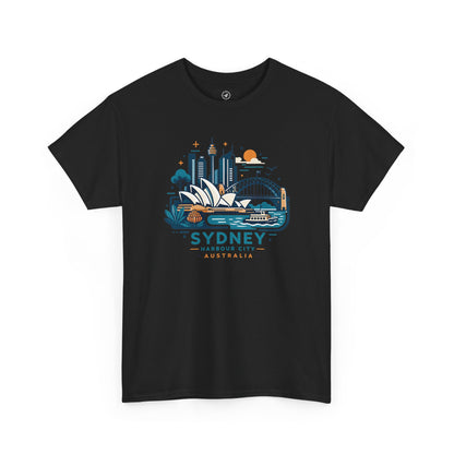 Black Sydney harbor city graphic T-shirt, short-sleeve crew neck