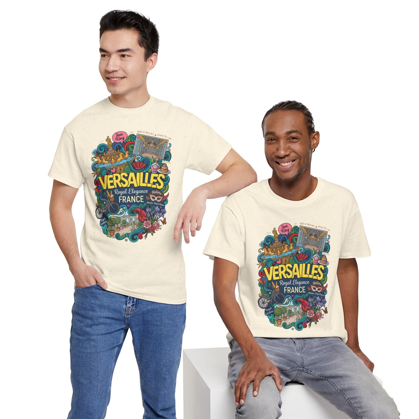 Natural cream crew-neck T-shirt with centered colorful Versailles illustrated front graphic